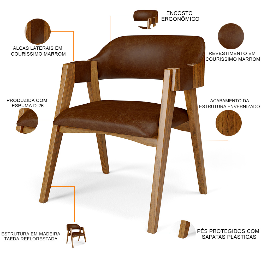 Cadeira Para Sala de Jantar e Estar Living Estofada Suran L02 Couríssimo Marrom - Lyam