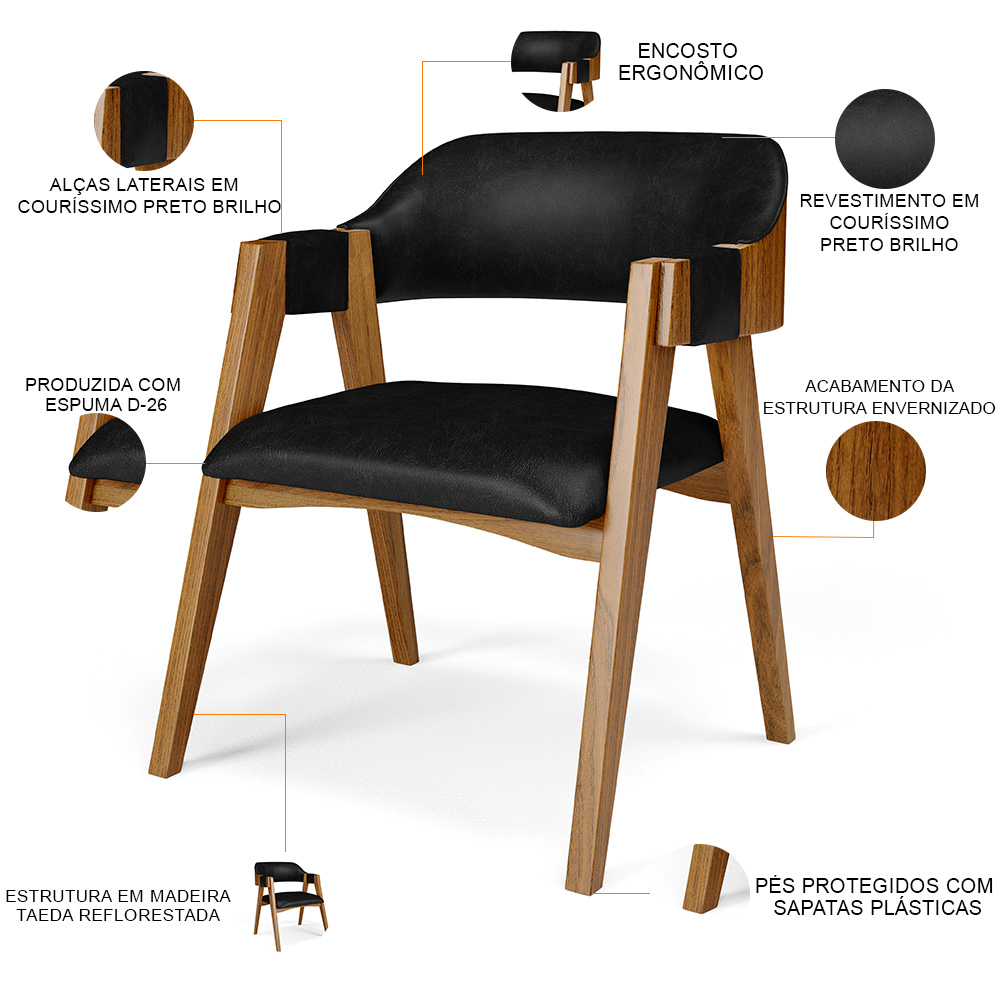 Cadeira Para Sala de Jantar e Estar Living Estofada Suran L02 Couríssimo Preto - Lyam
