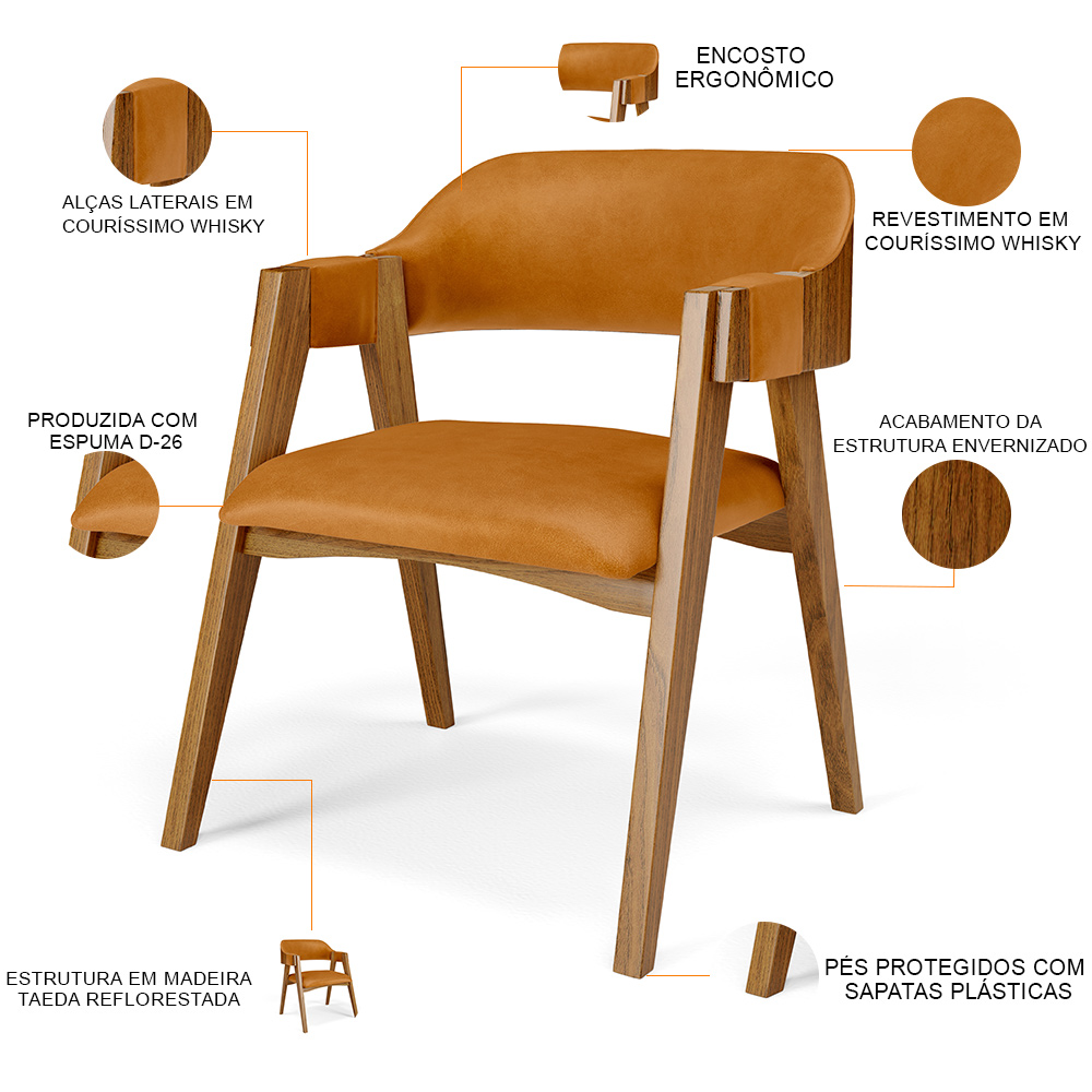 Cadeira Para Sala de Jantar e Estar Living Estofada Suran L02 Couríssimo Whisky - Lyam
