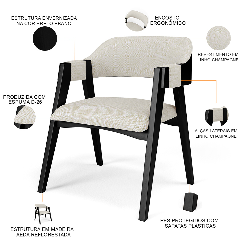 Cadeira Para Sala de Jantar e Estar Living Estofada Suran L02 Preto Linho Champagne - Lyam