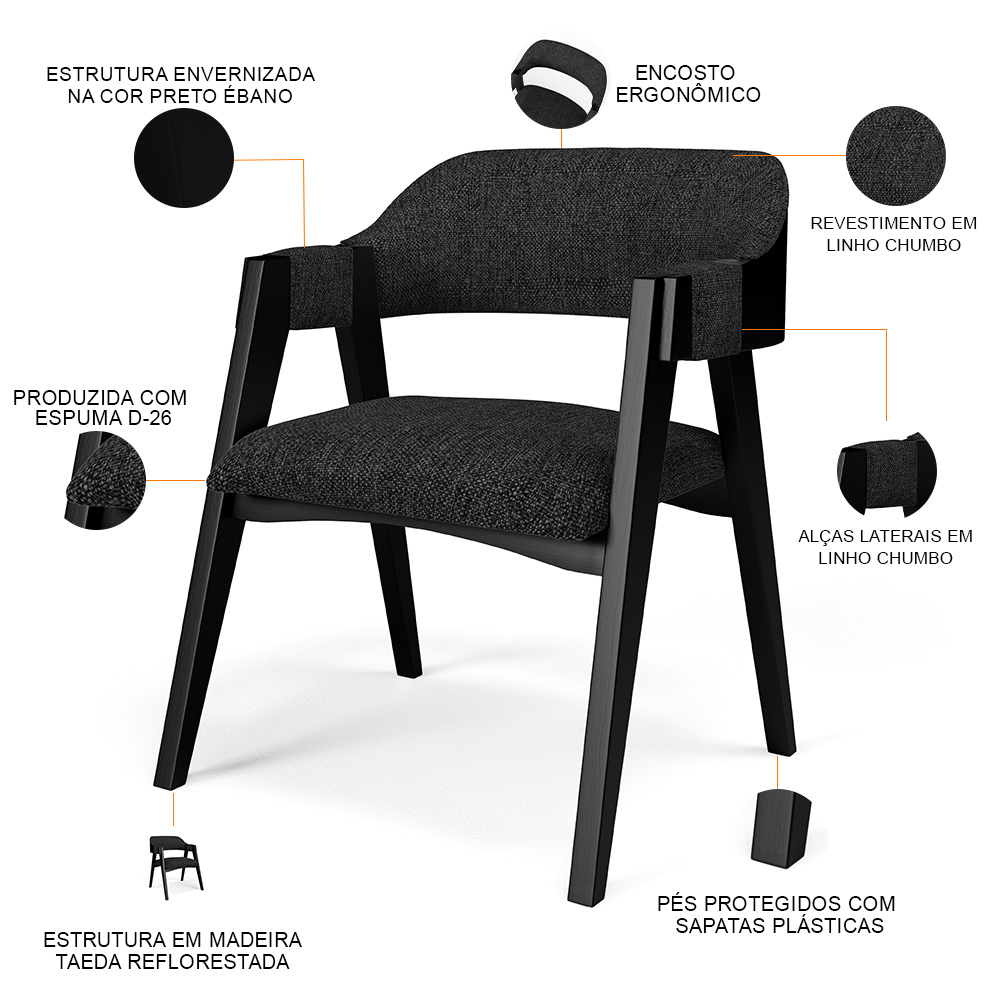 Cadeira Para Sala de Jantar e Estar Living Estofada Suran L02 Preto Linho Chumbo - Lyam
