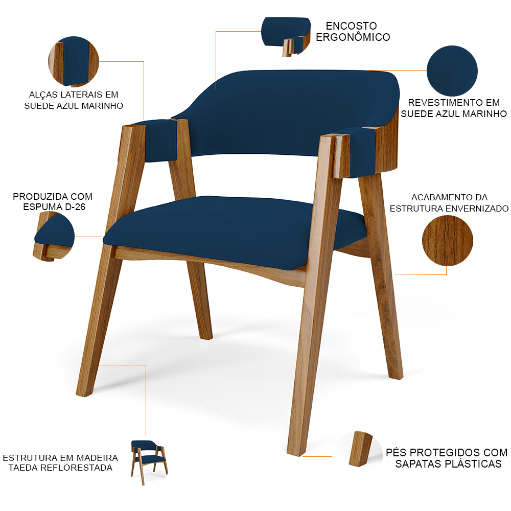 Cadeira Para Sala de Jantar e Estar Living Estofada Suran L02 Suede Azul Marinho - Lyam