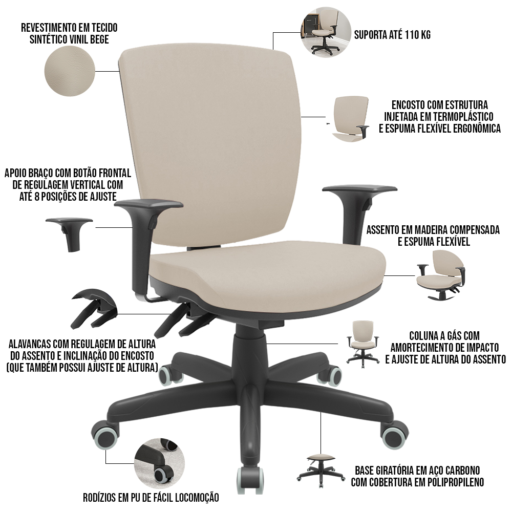 Cadeira de Escritório Diretor Office Base Giratória Preto Alta Flexi P03 Vinil Bege - Lyam