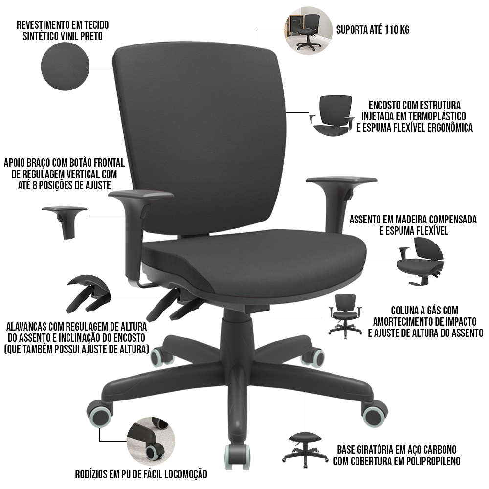 Cadeira de Escritório Executiva Office Base Giratória Preto Baixa Flexi P03 Vinil Preto - Lyam