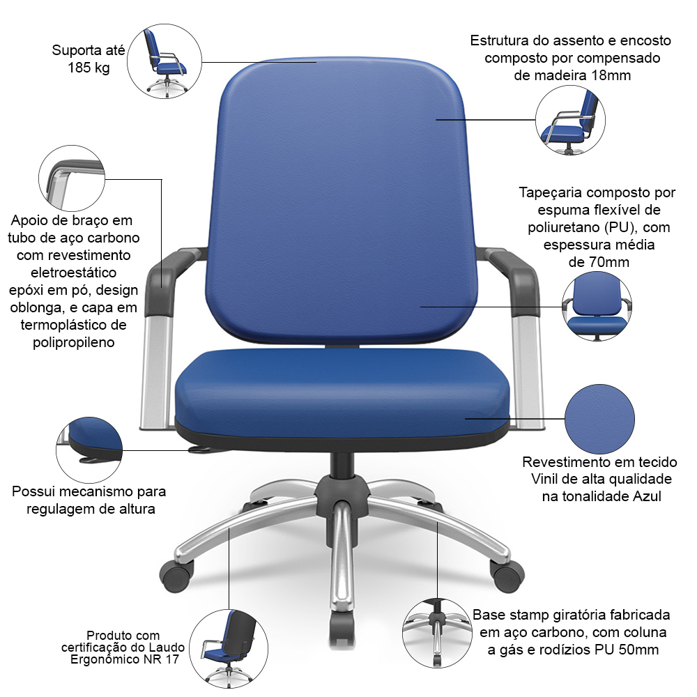 Cadeira de Escritório Giratória com Braço Cromada Magno P03 Vinil Azul - Lyam Decor