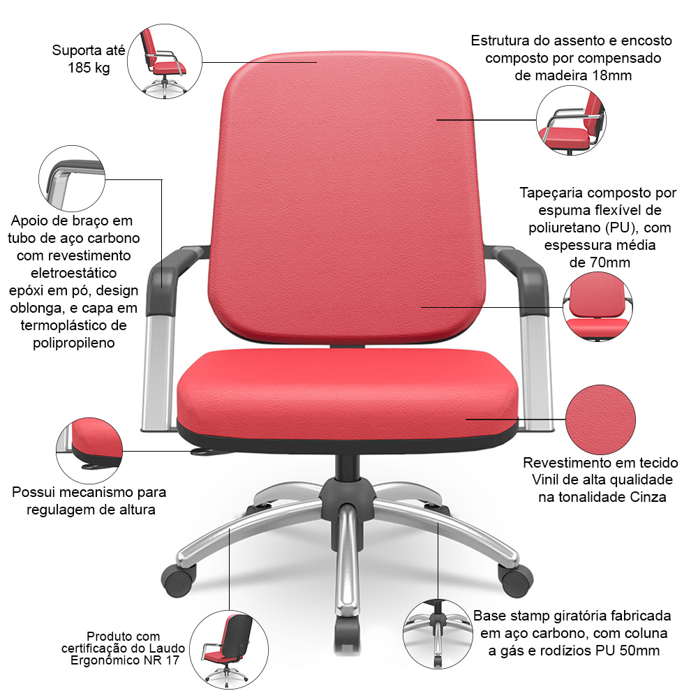 Cadeira de Escritório Giratória com Braço Cromada Magno P03 Vinil Vermelho - Lyam Decor