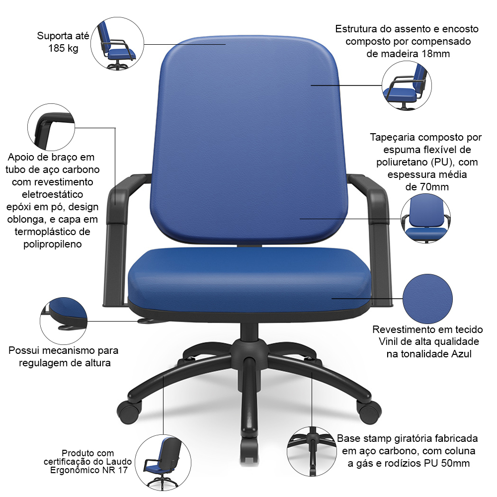Cadeira de Escritório Giratória com Braço Preta Magno P03 Vinil Azul - Lyam Decor