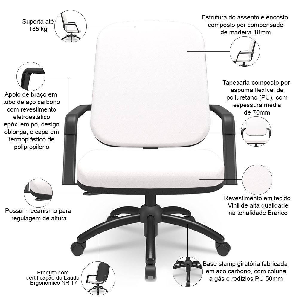 Cadeira de Escritório Giratória com Braço Preta Magno P03 Vinil Branco - Lyam Decor
