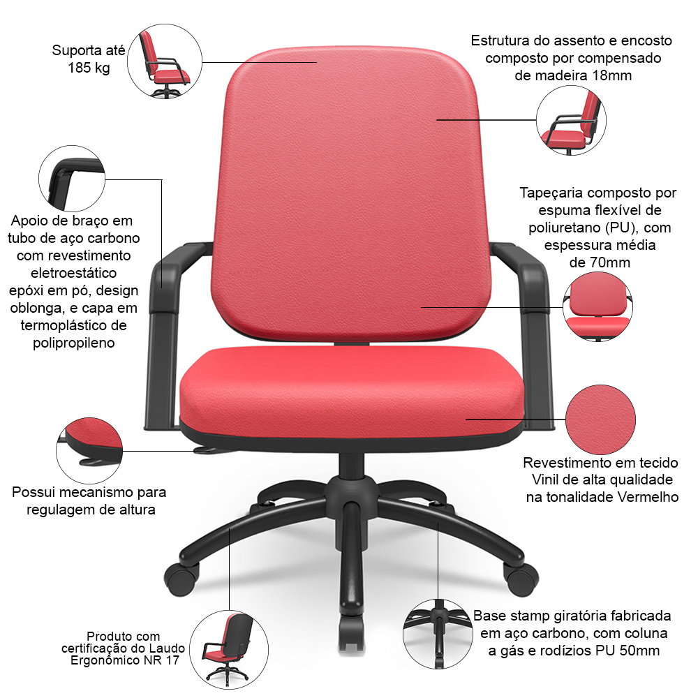 Cadeira de Escritório Giratória com Braço Preta Magno P03 Vinil Vermelho - Lyam Decor