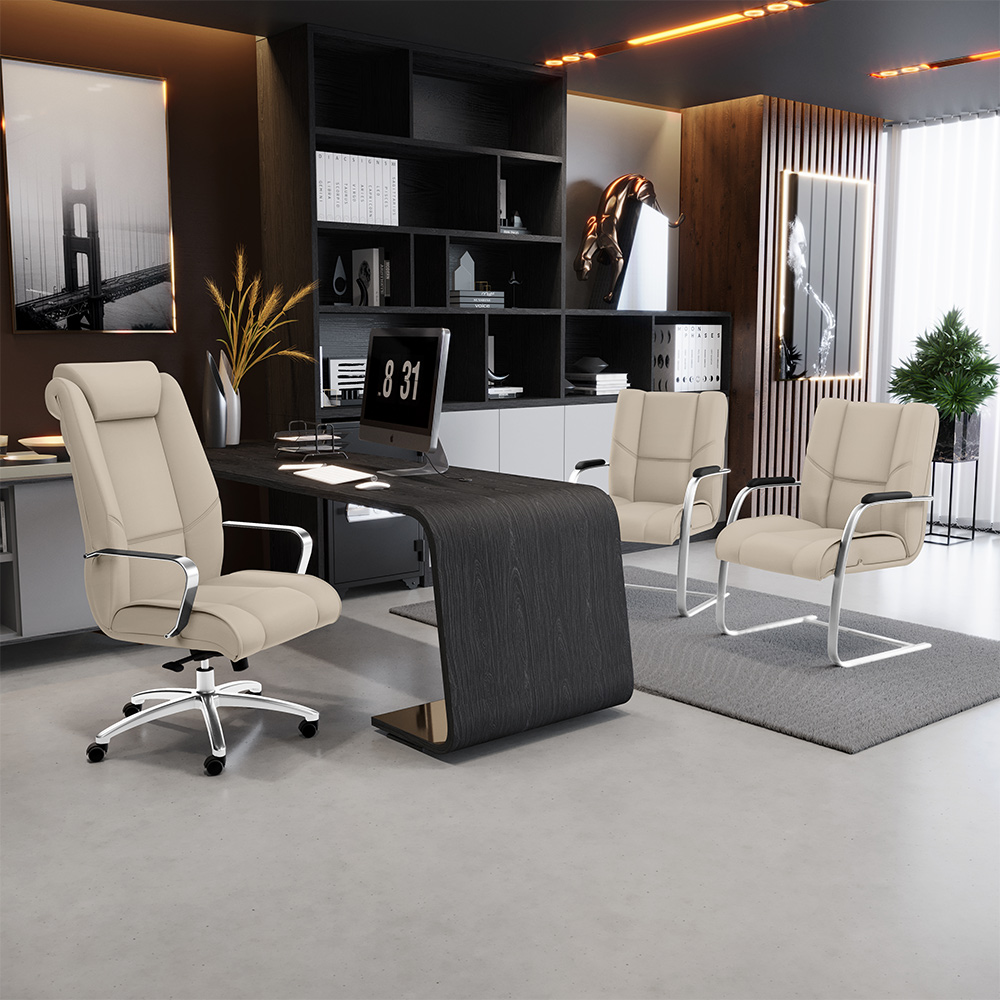Cadeira de Escritório Presidente Executiva New Onix F02 Tecido Sintético Areia - Lyam Decor