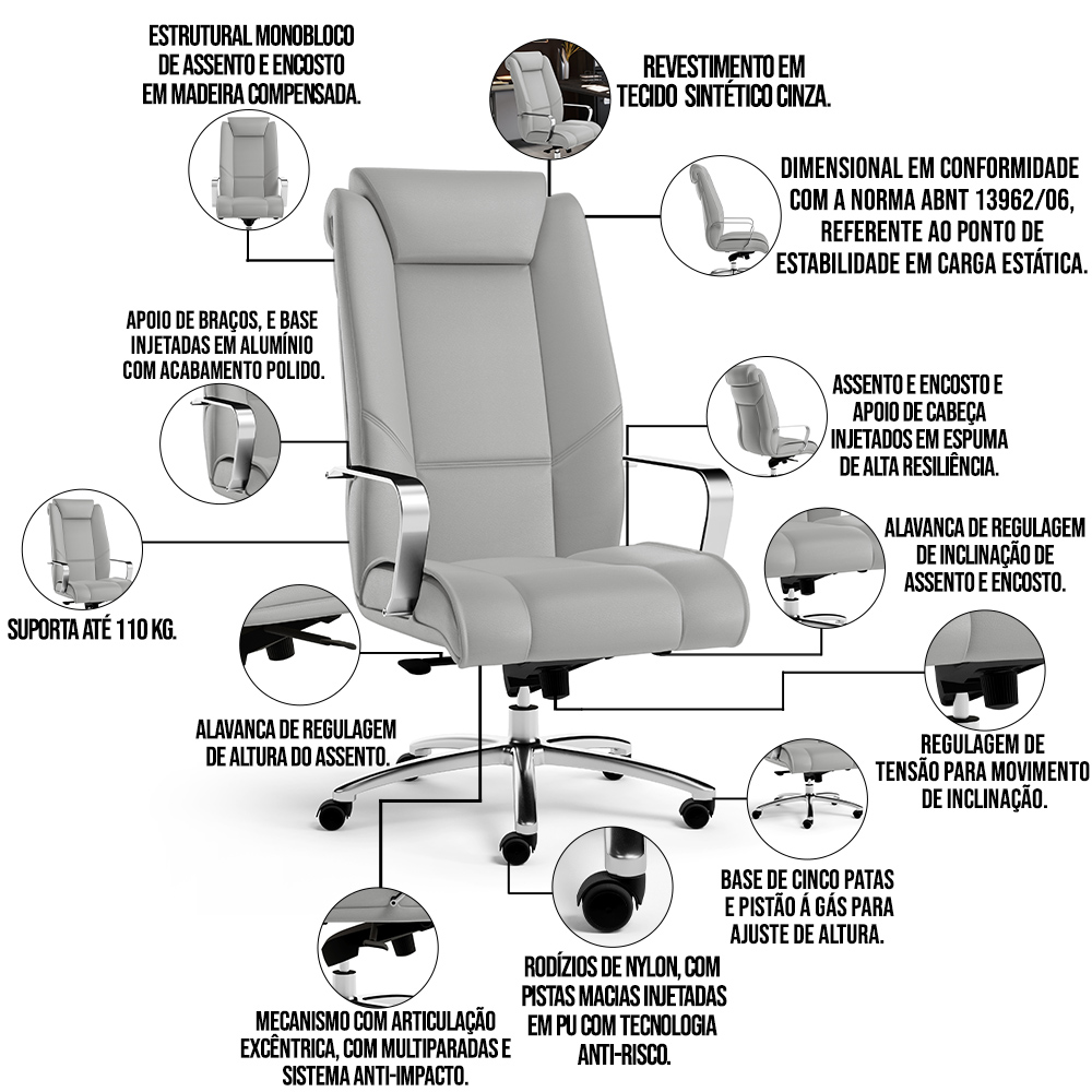 Cadeira de Escritório Presidente Executiva New Onix F02 Tecido Sintético Cinza - Lyam Decor