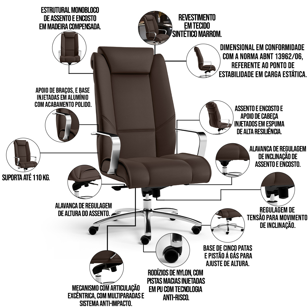 Cadeira de Escritório Presidente Executiva New Onix F02 Tecido Sintético Marrom - Lyam Decor