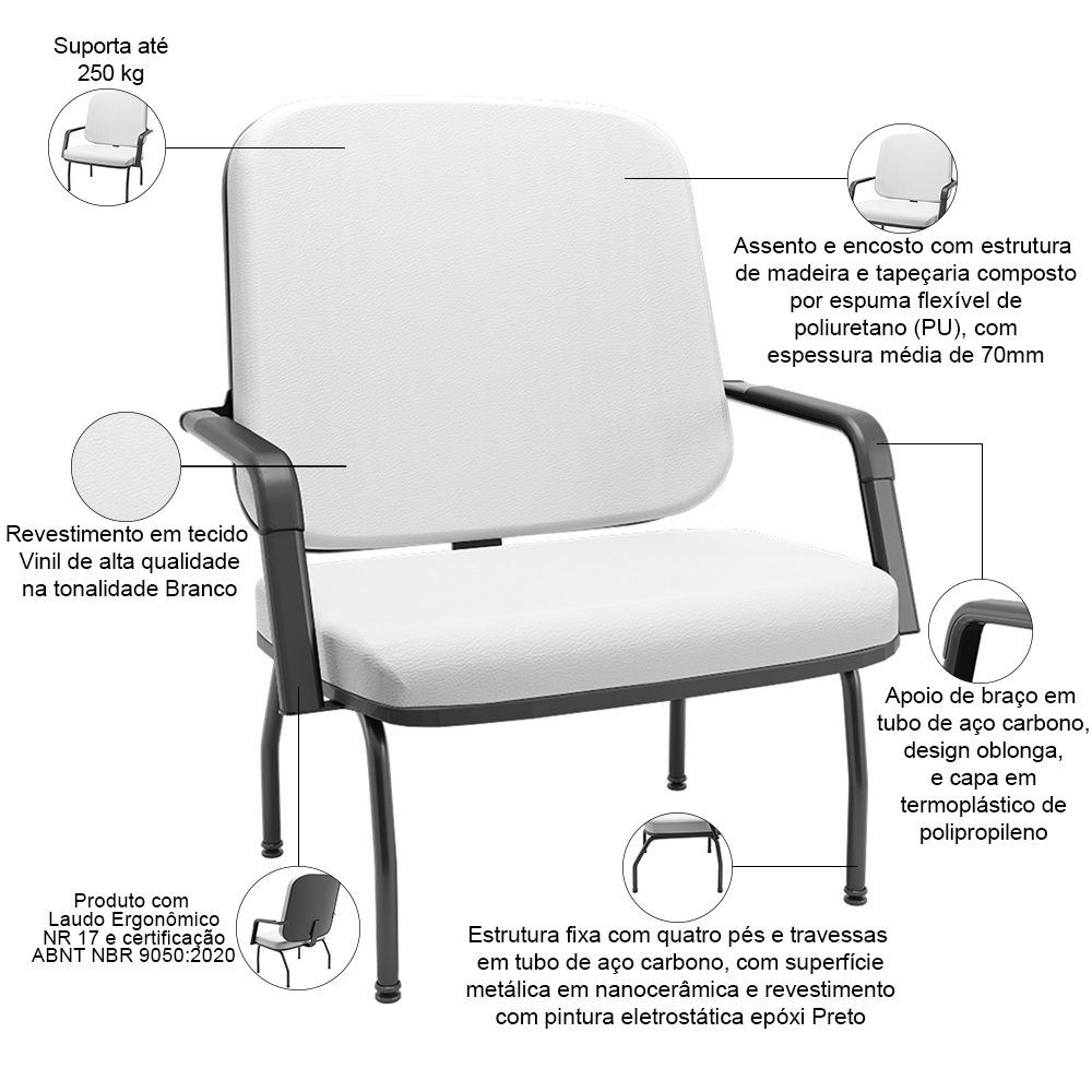 Cadeira de Escritório Recepção com Braço Fixa Preta Magno P03 Vinil Branco - Lyam Decor