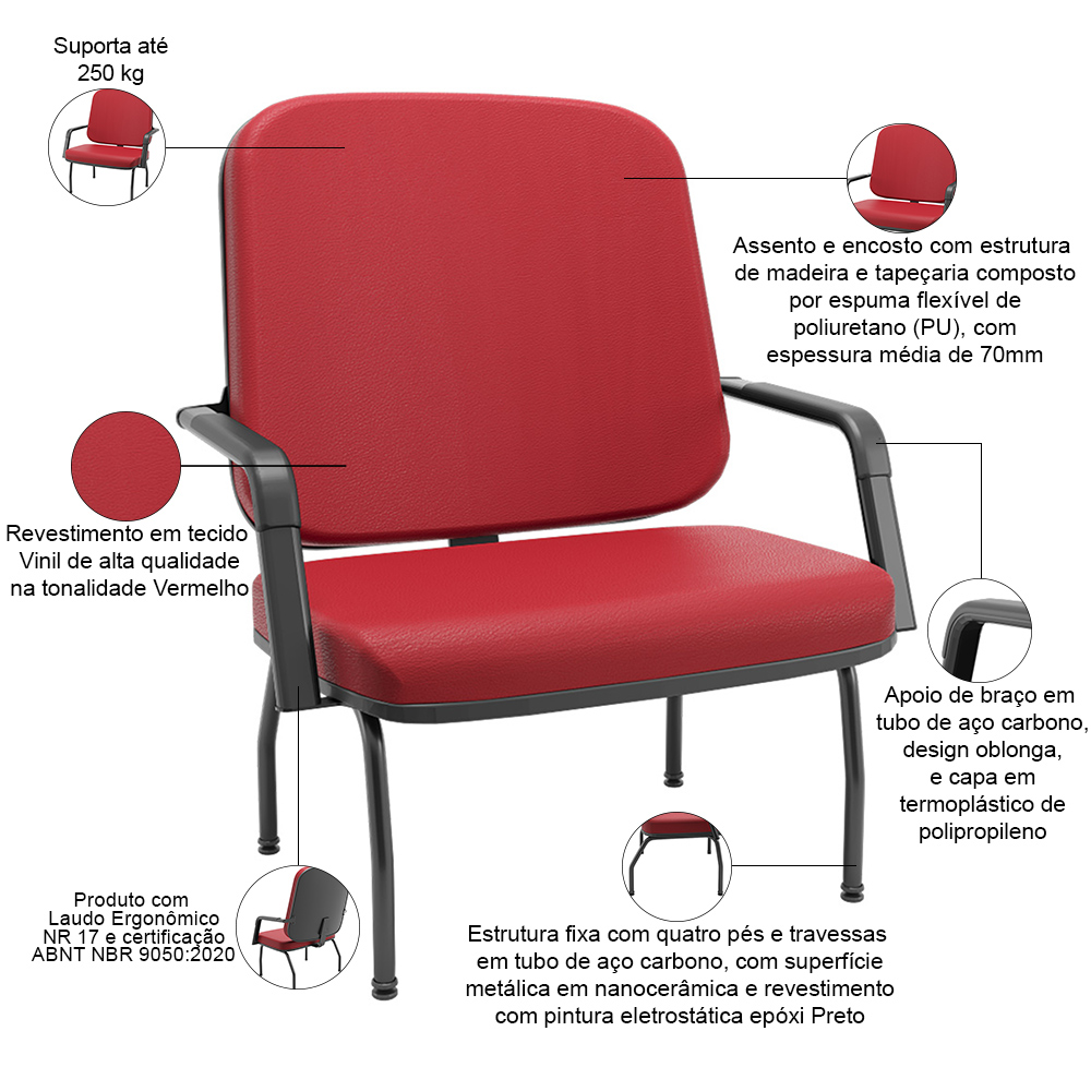 Cadeira de Escritório Recepção com Braço Fixa Preta Magno P03 Vinil Vermelho - Lyam Decor