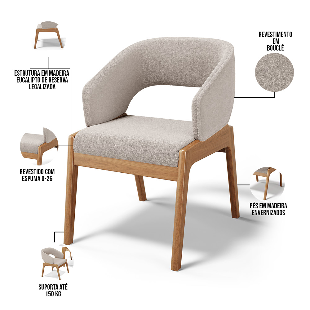 Cadeira de Jantar e Estar Living Estofada Lince L02 Bouclê Bege - Lyam Decor