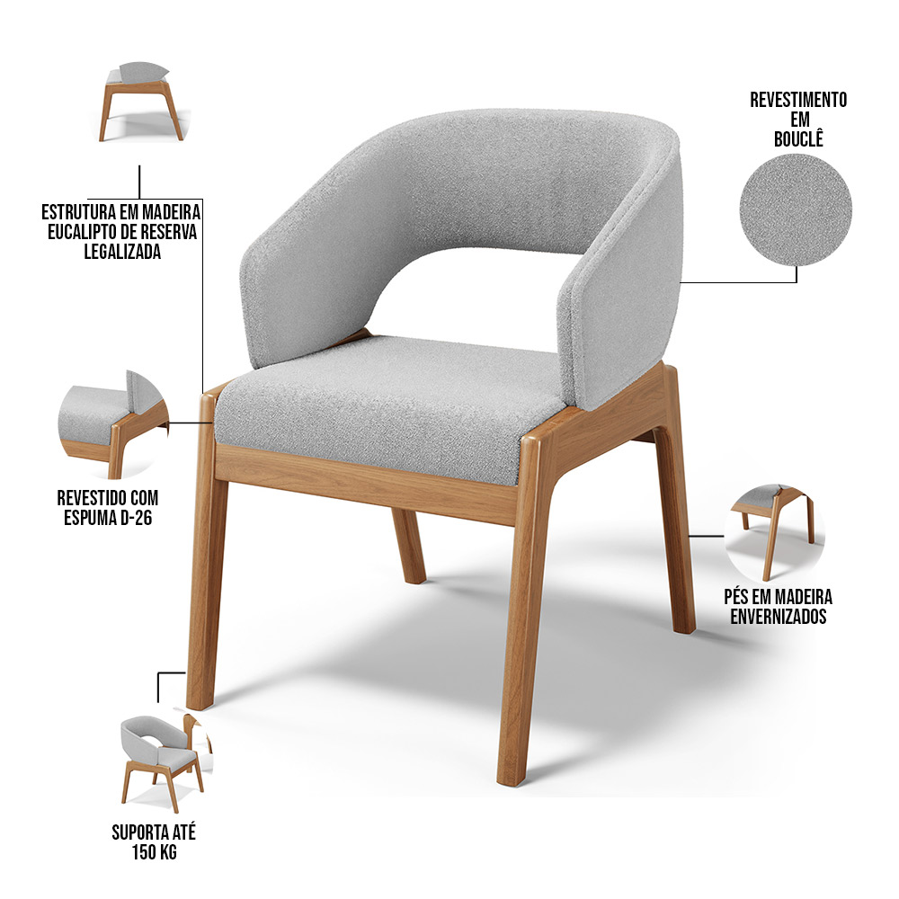 Cadeira de Jantar e Estar Living Estofada Lince L02 Bouclê Cinza - Lyam Decor