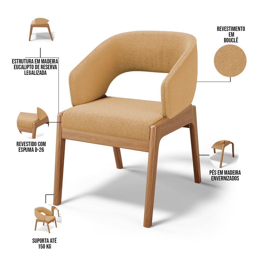 Cadeira de Jantar e Estar Living Estofada Lince L02 Bouclê Mostarda - Lyam Decor