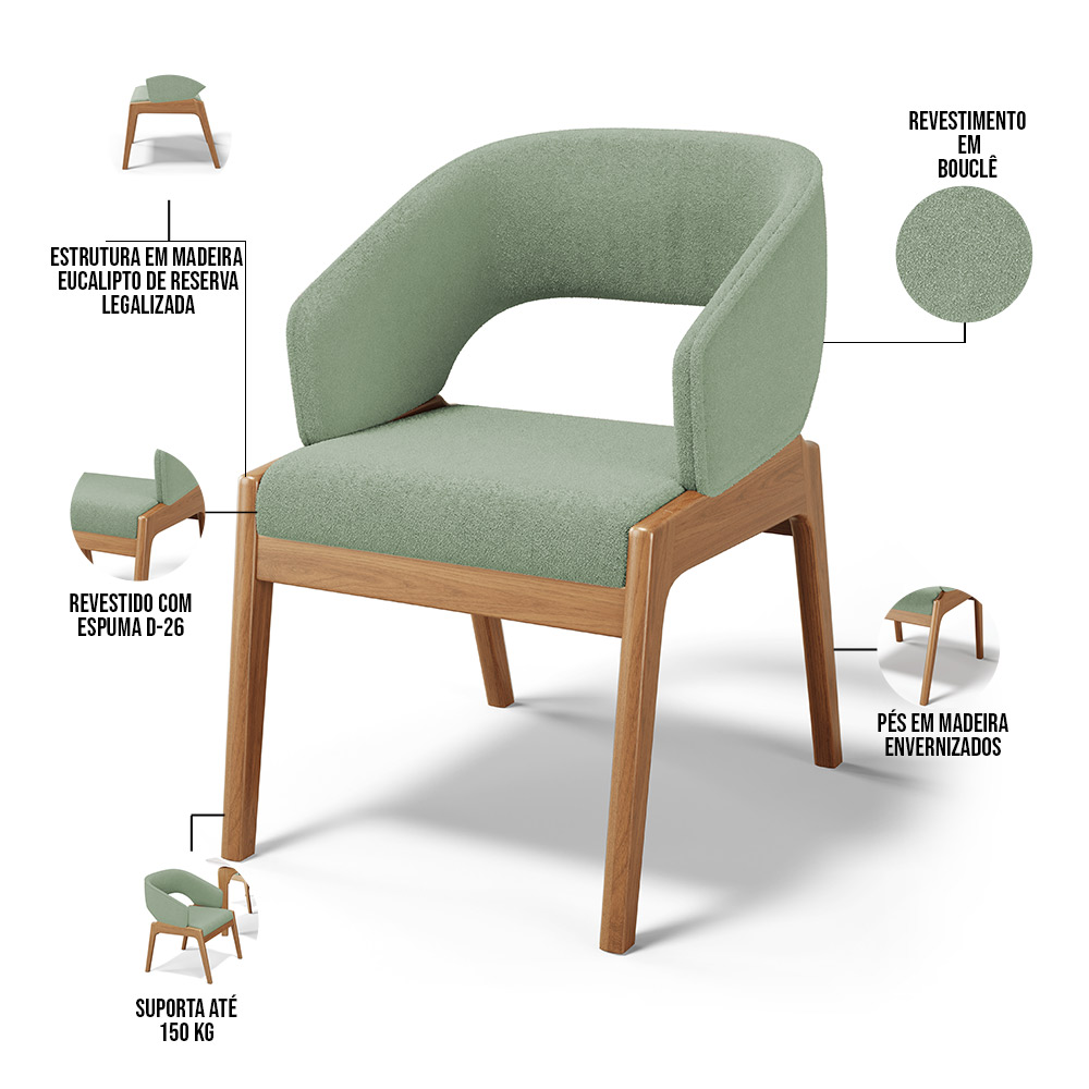 Cadeira de Jantar e Estar Living Estofada Lince L02 Bouclê Oliva - Lyam Decor