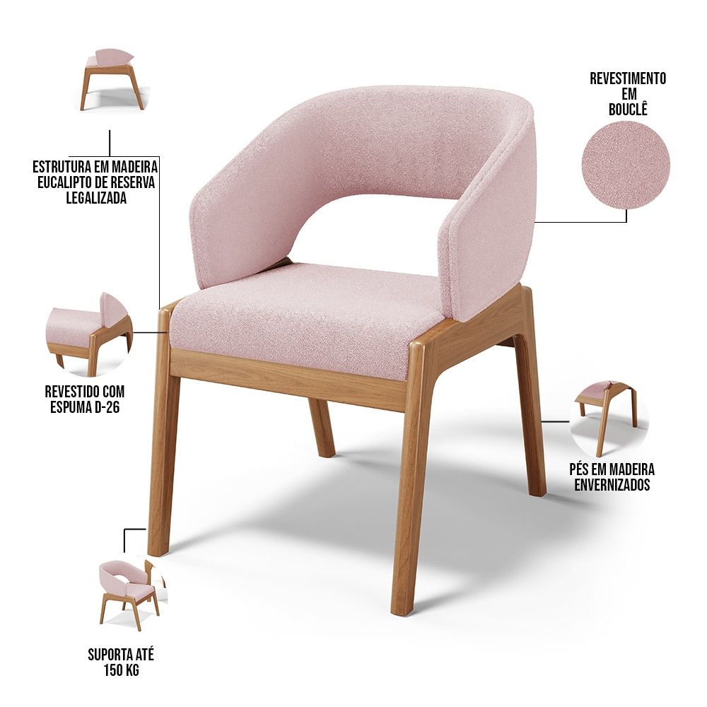 Cadeira de Jantar e Estar Living Estofada Lince L02 Bouclê Rosê - Lyam Decor