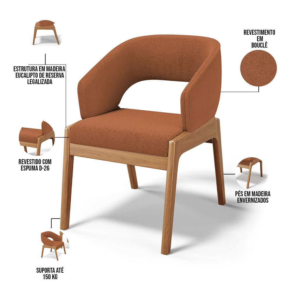 Cadeira de Jantar e Estar Living Estofada Lince L02 Bouclê Terracota - Lyam Decor