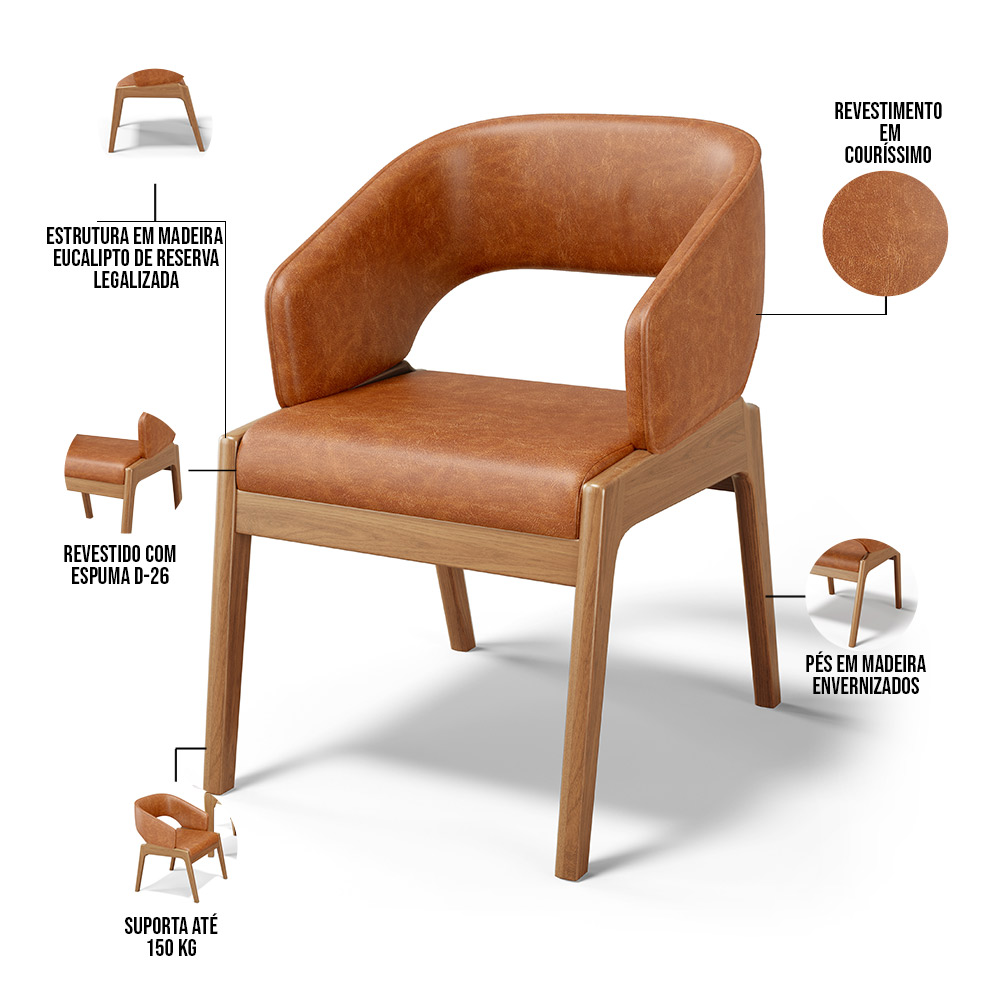 Cadeira de Jantar e Estar Living Estofada Lince L02 Couríssimo Camel - Lyam Decor