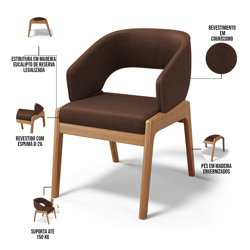 Cadeira de Jantar e Estar Living Estofada Lince L02 Couríssimo Marrom - Lyam Decor