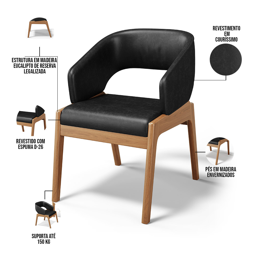Cadeira de Jantar e Estar Living Estofada Lince L02 Couríssimo Preto - Lyam Decor