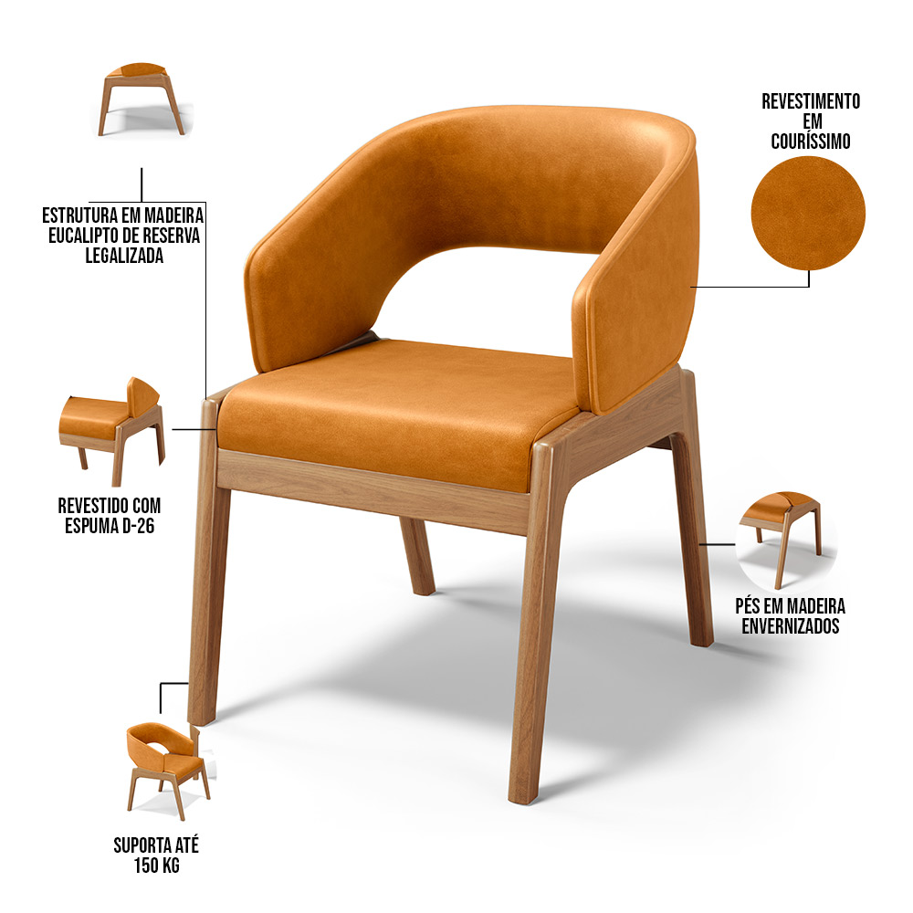 Cadeira de Jantar e Estar Living Estofada Lince L02 Couríssimo Whisky - Lyam Decor