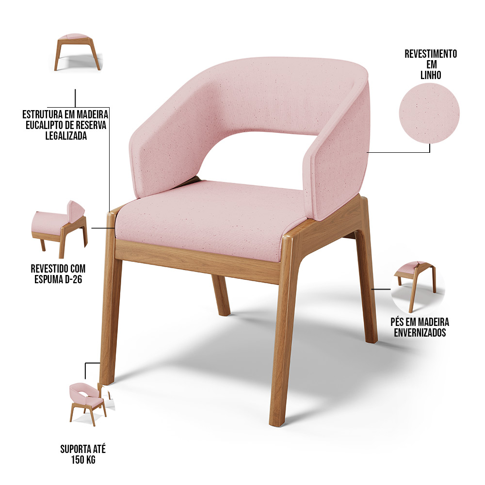 Cadeira de Jantar e Estar Living Estofada Lince L02 Linho Rosê - Lyam Decor