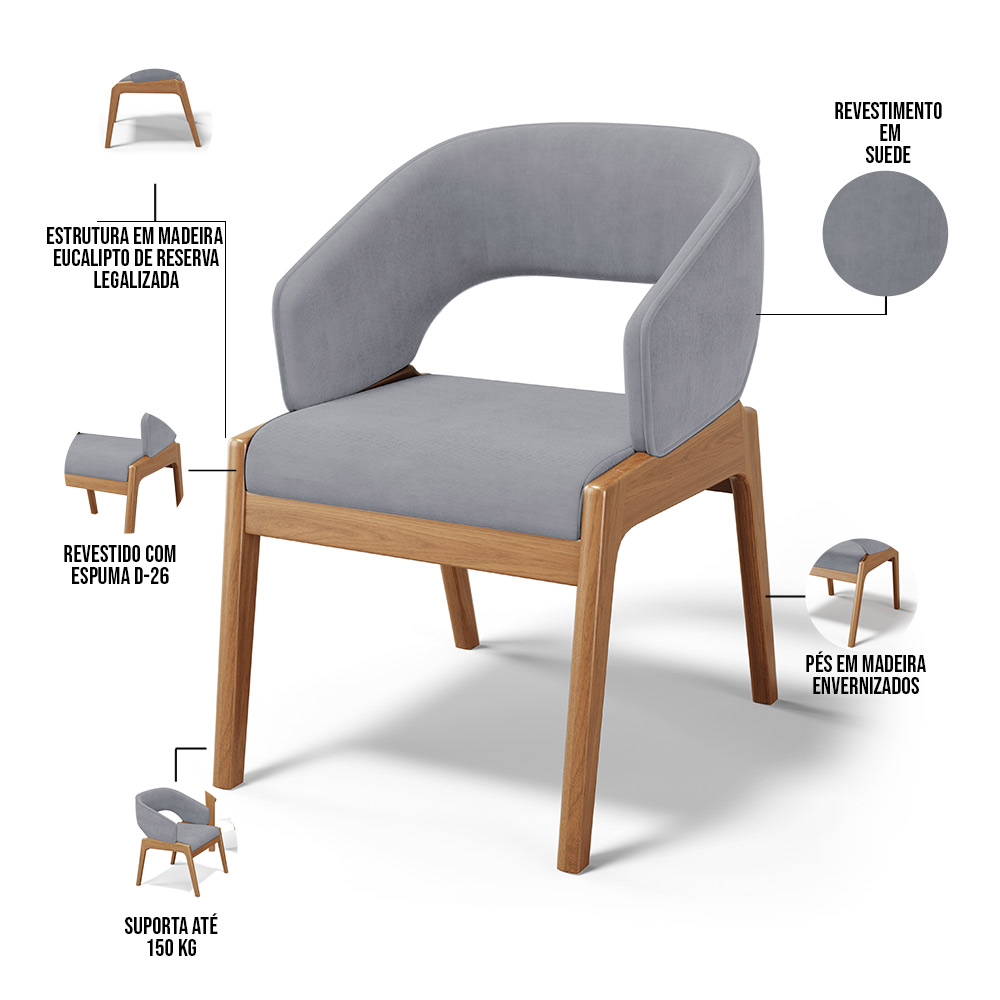 Cadeira de Jantar e Estar Living Estofada Lince L02 Suede Cinza - Lyam Decor