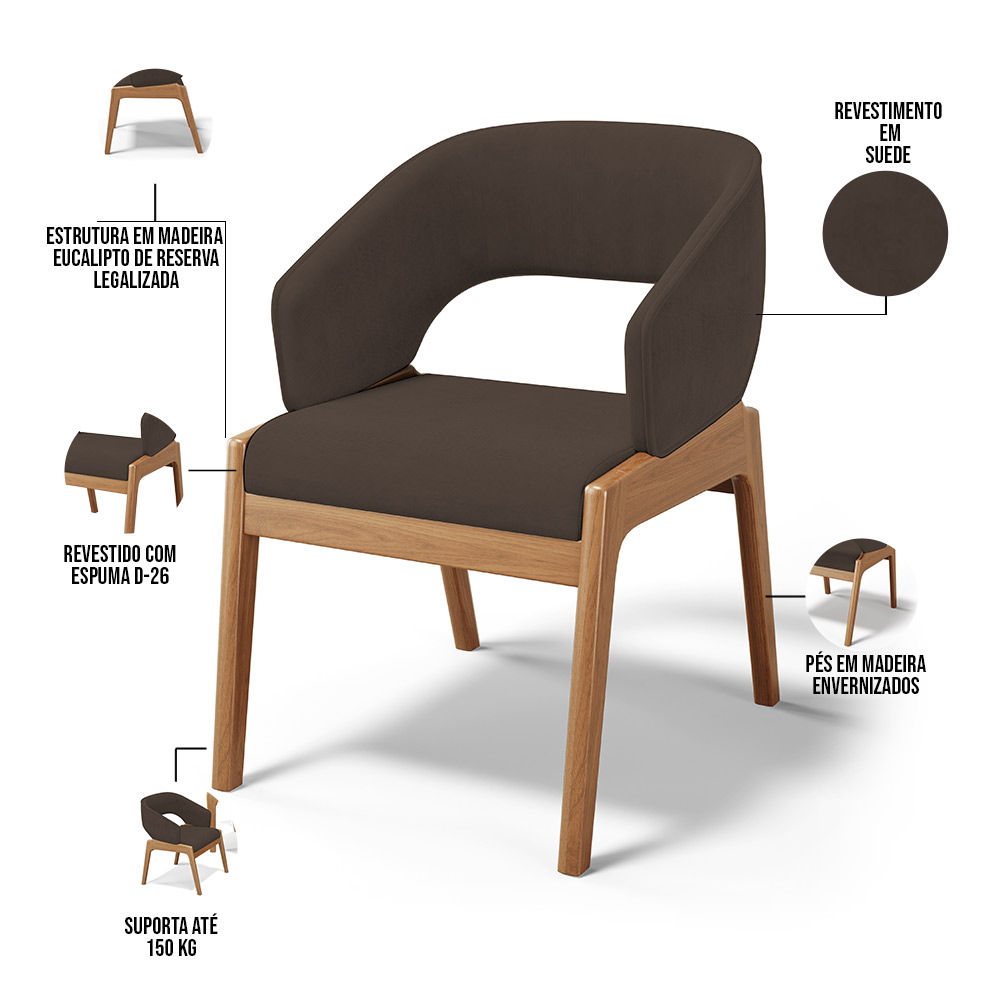 Cadeira de Jantar e Estar Living Estofada Lince L02 Suede Marrom - Lyam Decor