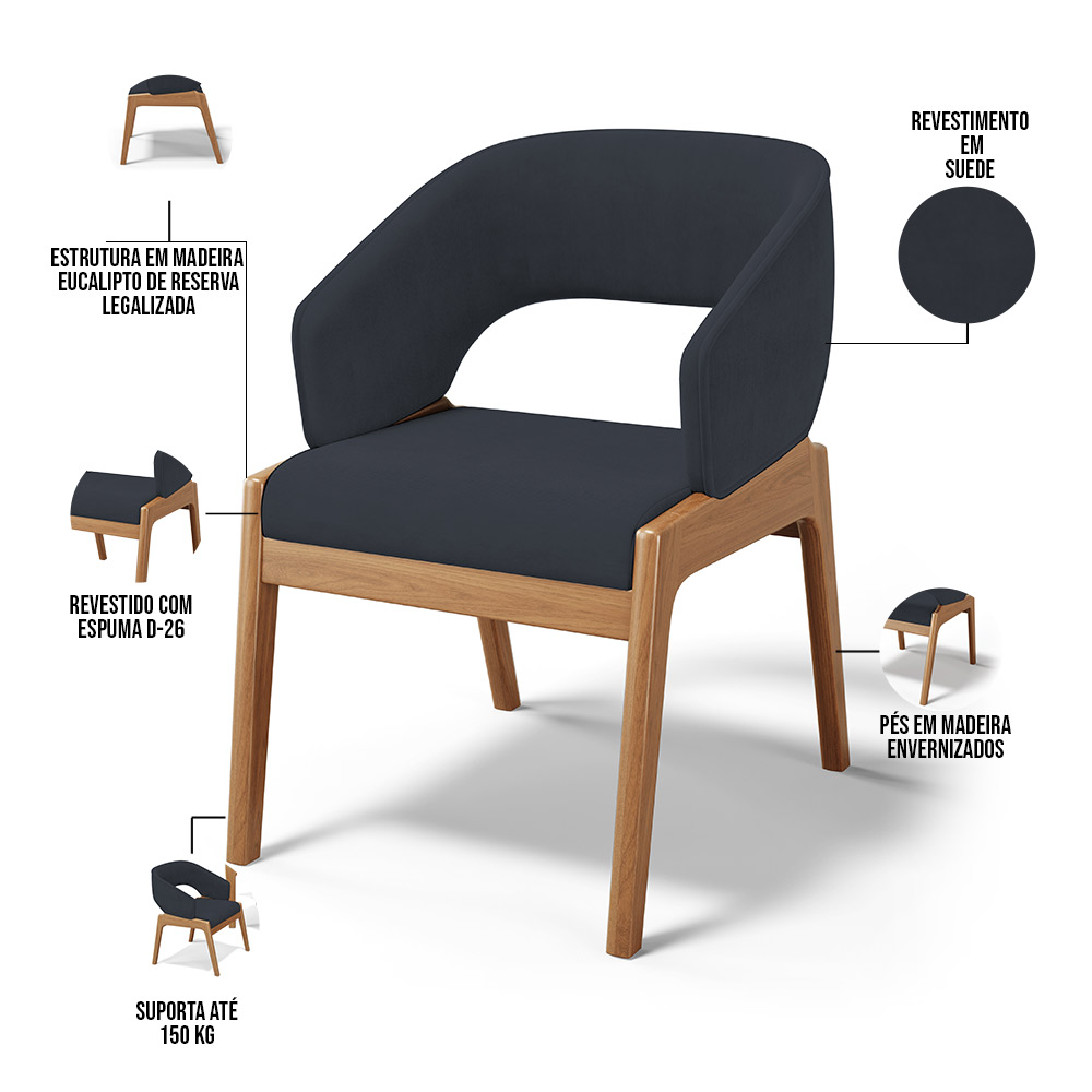 Cadeira de Jantar e Estar Living Estofada Lince L02 Suede Preto - Lyam Decor