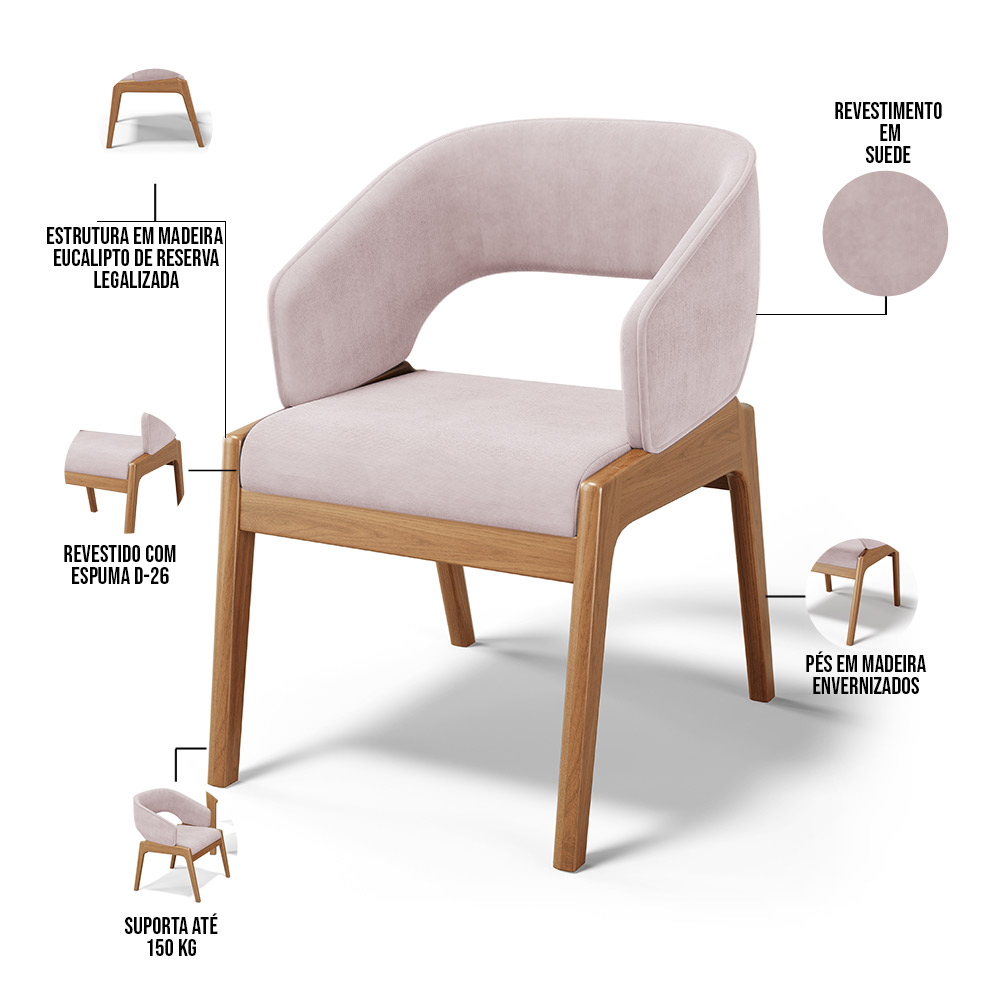 Cadeira de Jantar e Estar Living Estofada Lince L02 Suede Rosê - Lyam Decor