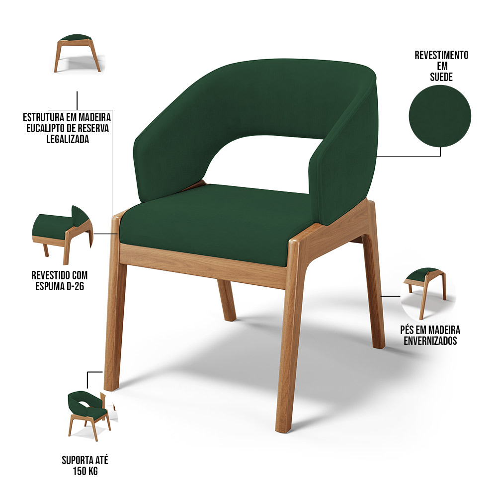 Cadeira de Jantar e Estar Living Estofada Lince L02 Suede Verde Musgo - Lyam Decor