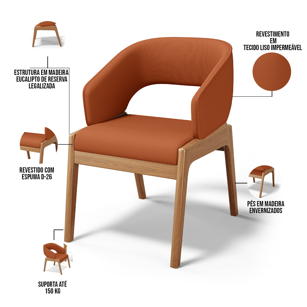 Cadeira de Jantar e Estar Living Estofada Lince L02 Tecido Terracota - Lyam Decor