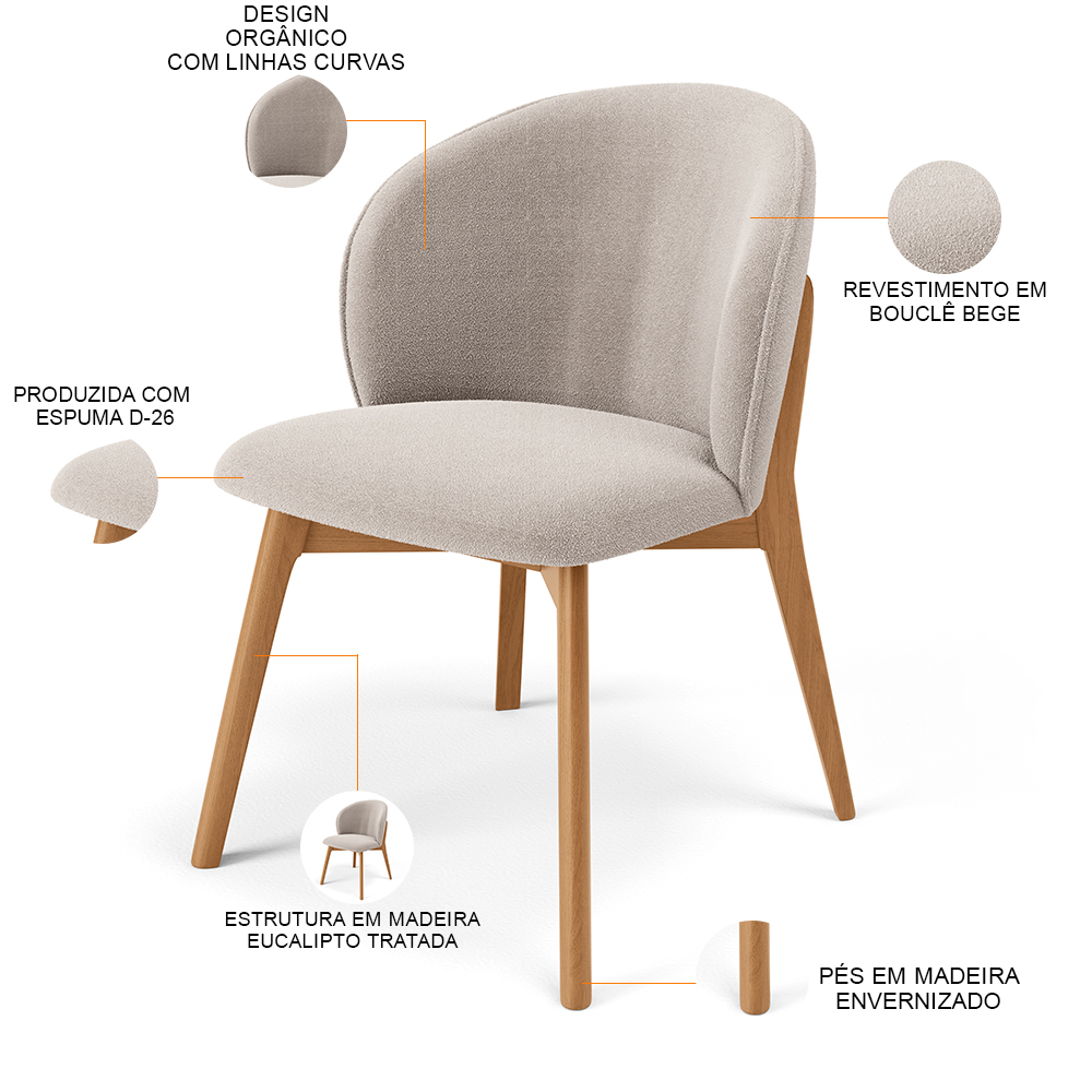 Cadeira de Jantar e Estar Living Estofada Mia L02 Bouclê Bege - Lyam Decor