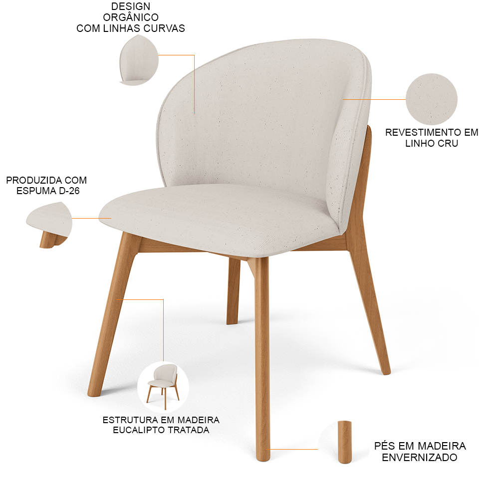 Cadeira de Jantar e Estar Living Estofada Mia L02 Linho Cru - Lyam Decor