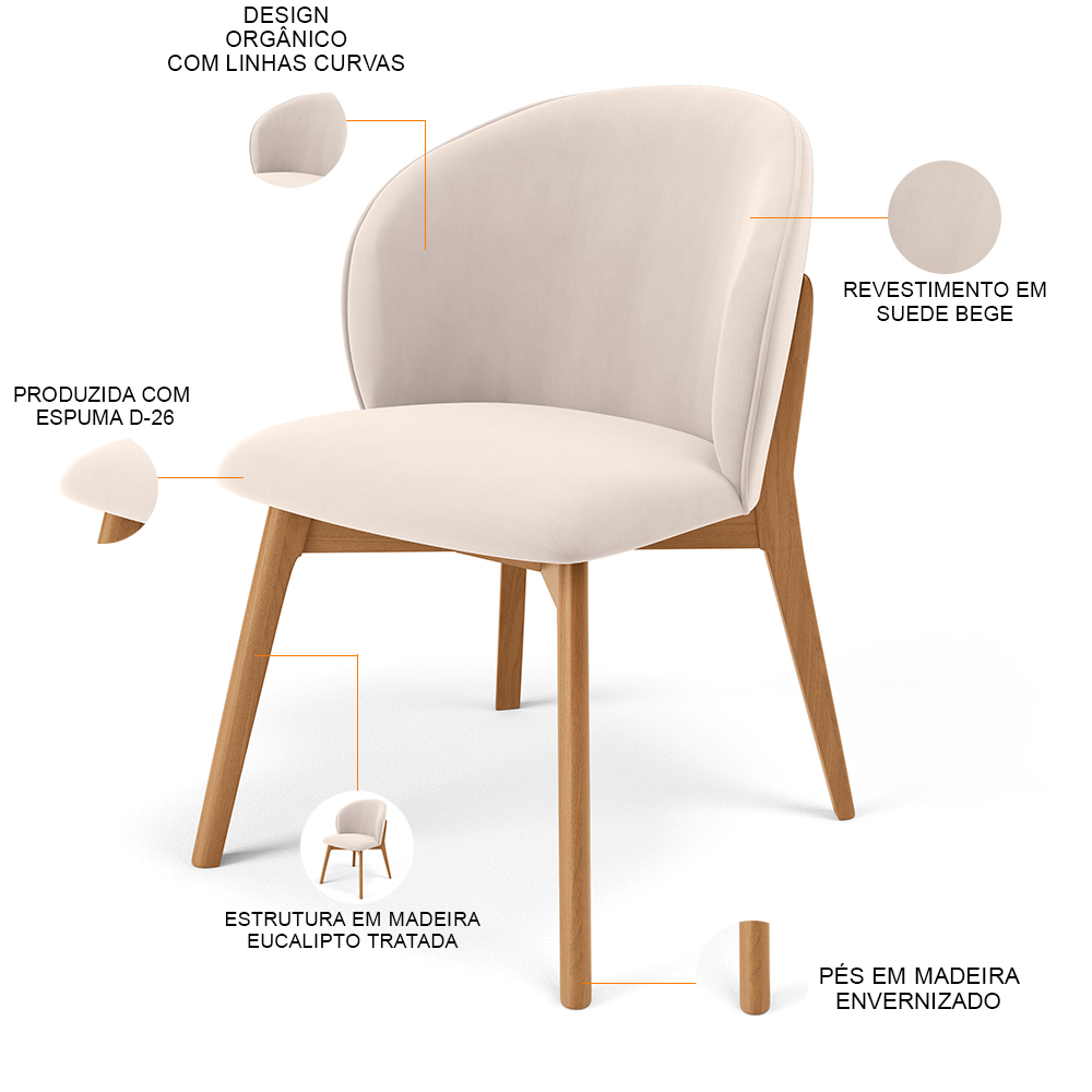 Cadeira de Jantar e Estar Living Estofada Mia L02 Suede Bege - Lyam Decor