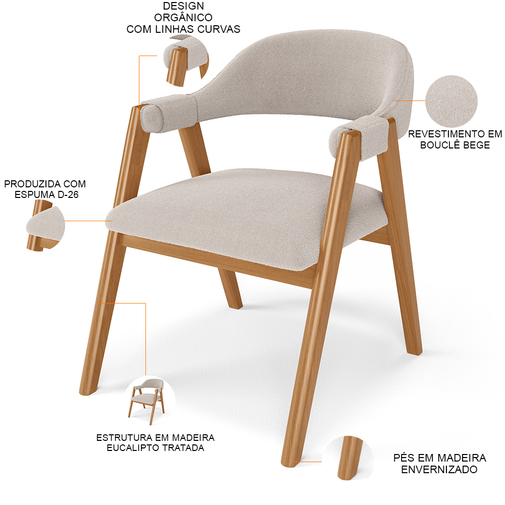 Cadeira de Jantar e Estar Living Estofada Nadja L02 Bouclê Bege - Lyam Decor