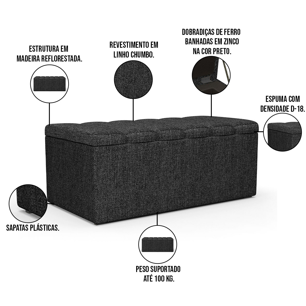 Calçadeira Recamier Baú Para Cama Box Solteiro Dália 100x50 Cm W01 Linho Chumbo - Lyam Decor