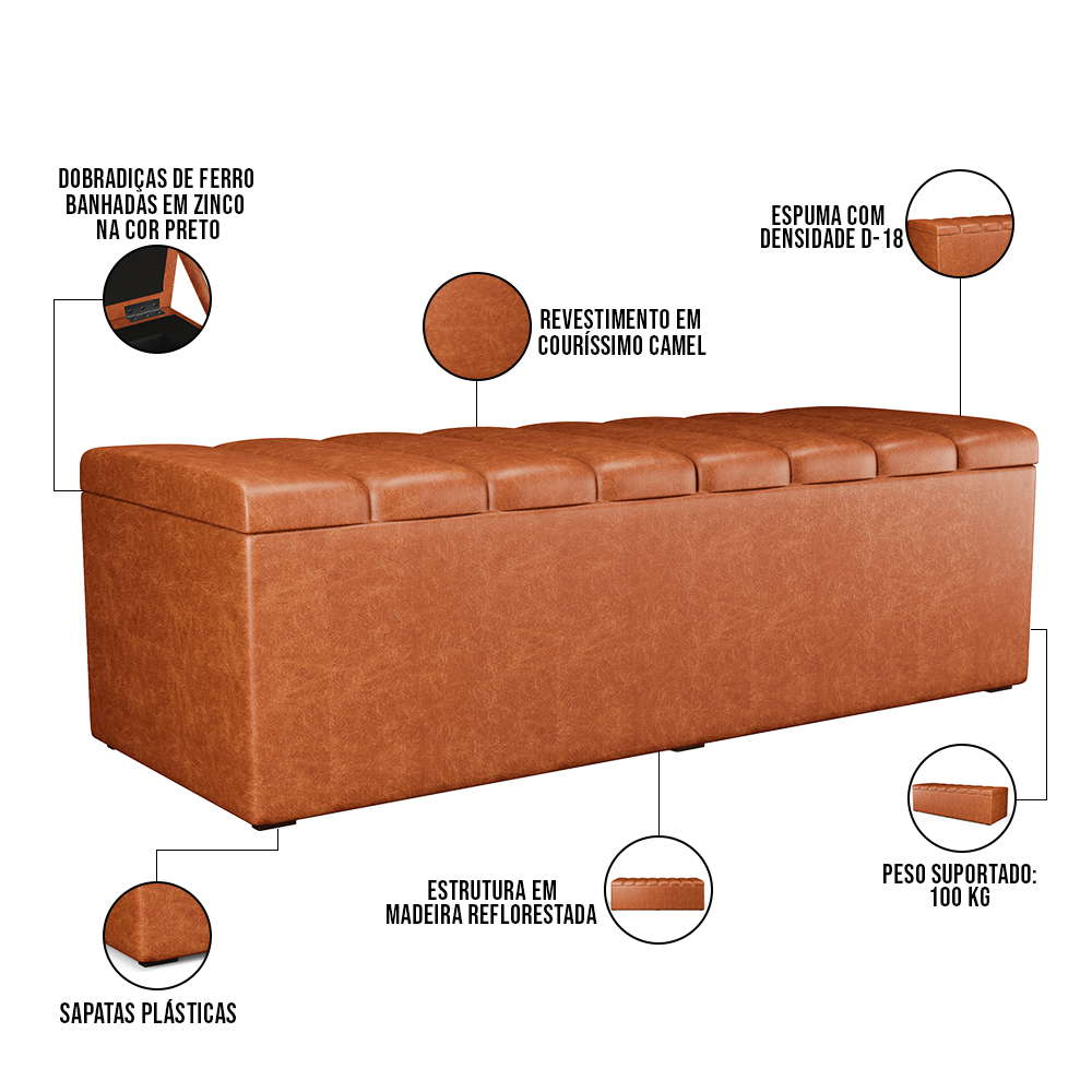 Calçadeira Recamier Baú Para Cama De Casal Queen Dália 160x50 Cm W01 Couríssimo Camel - Lyam Decor