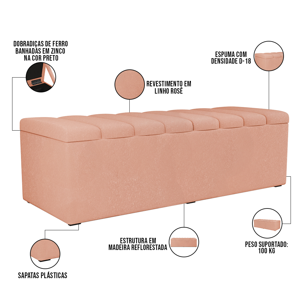 Calçadeira Recamier Baú Para Cama De Casal Queen Dália 160x50 Cm W01 Linho Rosê - Lyam Decor