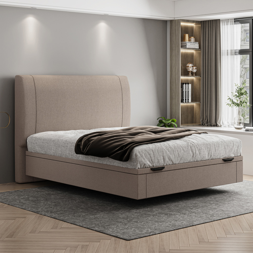 Cama Casal Baú Flutuante Com Cabeceira 140cm Spazio S04 Linho Bege - Lyam Decor