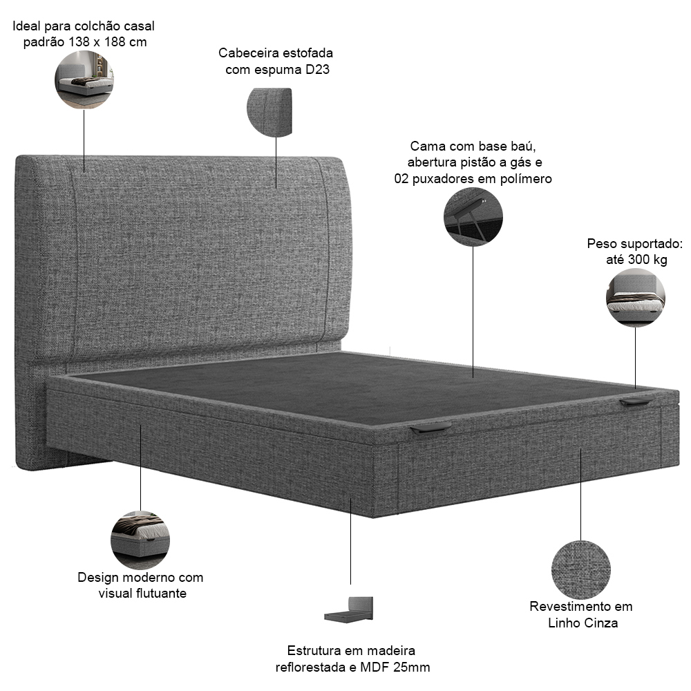 Cama Casal Baú Flutuante Com Cabeceira 140cm Spazio S04 Linho Cinza - Lyam Decor