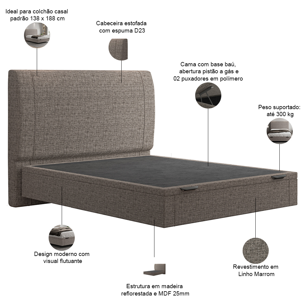 Cama Casal Baú Flutuante Com Cabeceira 140cm Spazio S04 Linho Marrom - Lyam Decor