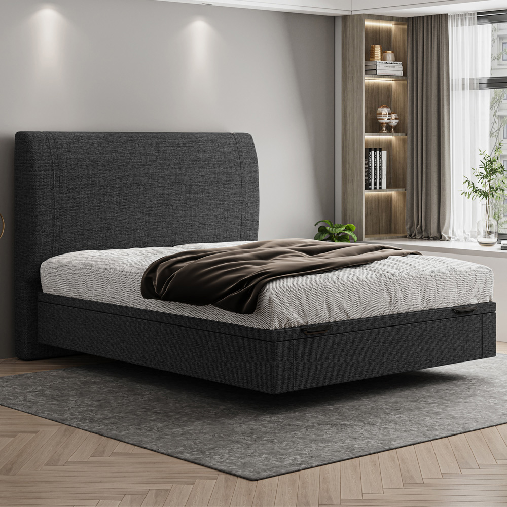 Cama Casal Baú Flutuante Com Cabeceira 140cm Spazio S04 Linho Preto - Lyam Decor