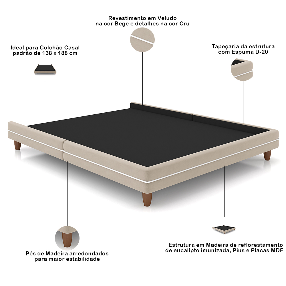 Cama Casal Base Box Pés Madeira 140cm Suném P05 Veludo Bege Bouclê Cru - Lyam Decor