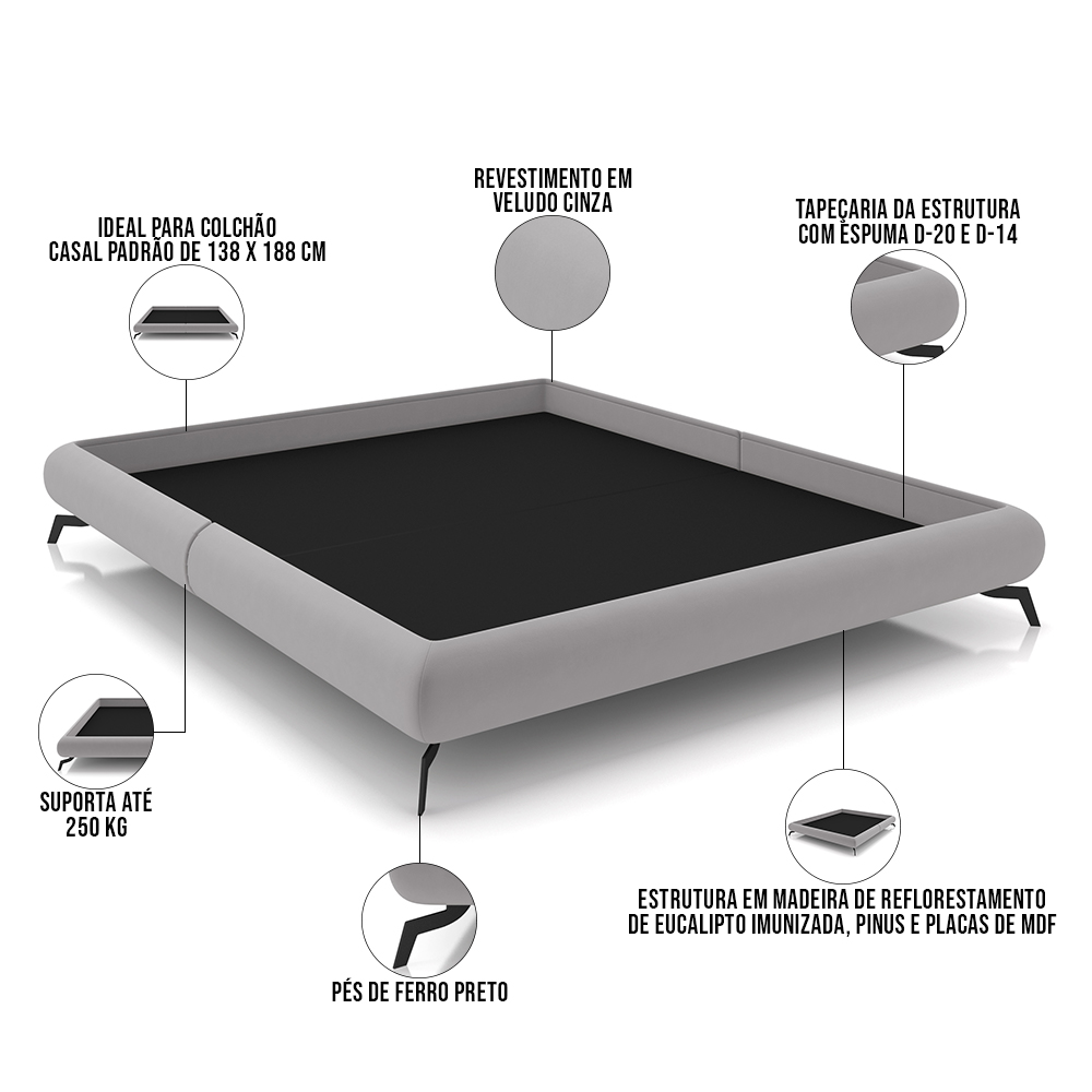 Cama Casal Base Box Pés de Ferro Estilo Industrial 156cm Otto P05 Veludo Cinza - Lyam Decor