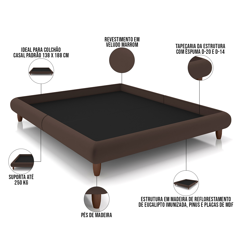 Cama Casal Base Box Pés de Madeira 156cm Otto P05 Veludo Marrom - Lyam Decor