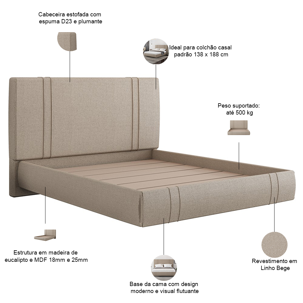 Cama Casal Flutuante Com Cabeceira 140cm Astra S04 Linho Bege - Lyam Decor